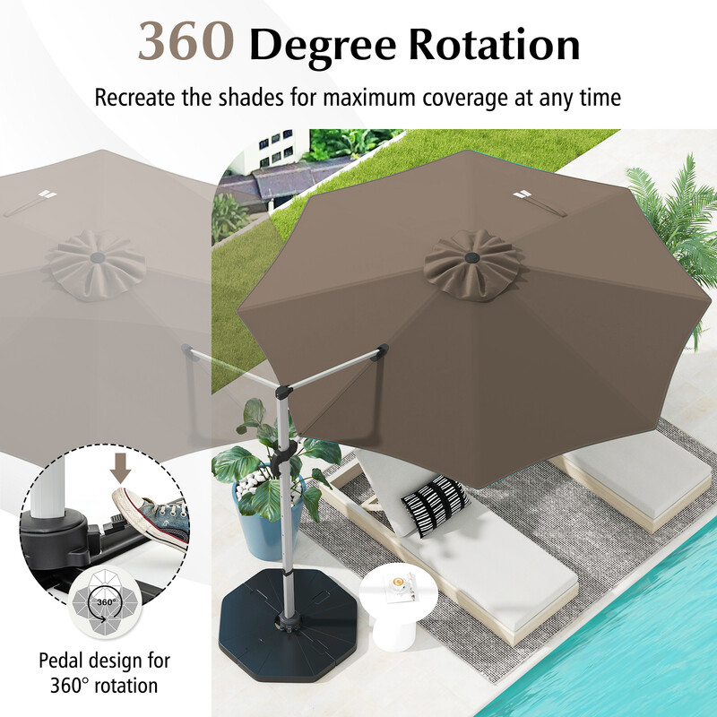Brun 325 cm parasoll med vev, 360° rotation och UPF 50+ solskydd för trädgård