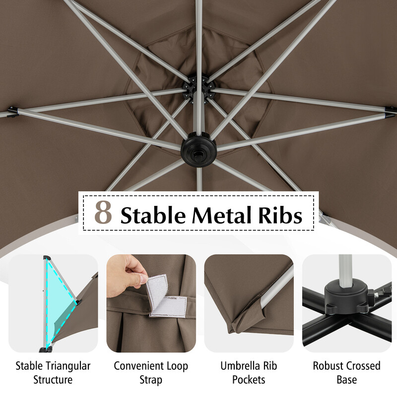 Brun 325 cm parasoll med vev, 360° rotation och UPF 50+ solskydd för trädgård
