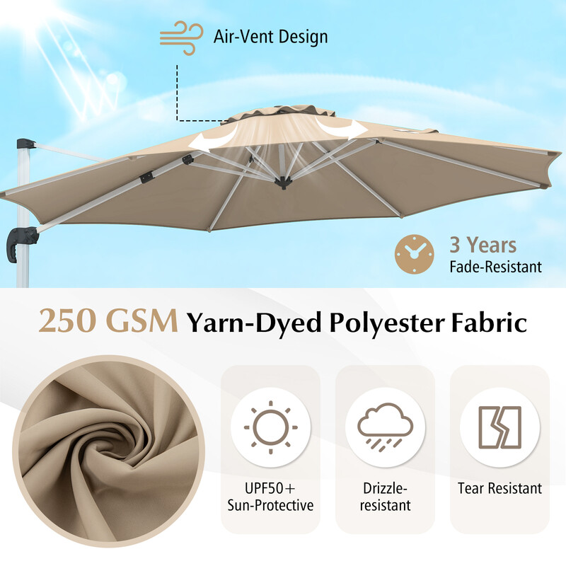 Beige parasoll 325 cm med vev, UPF 50+ och 360° roterbar för trädgård och uteplats