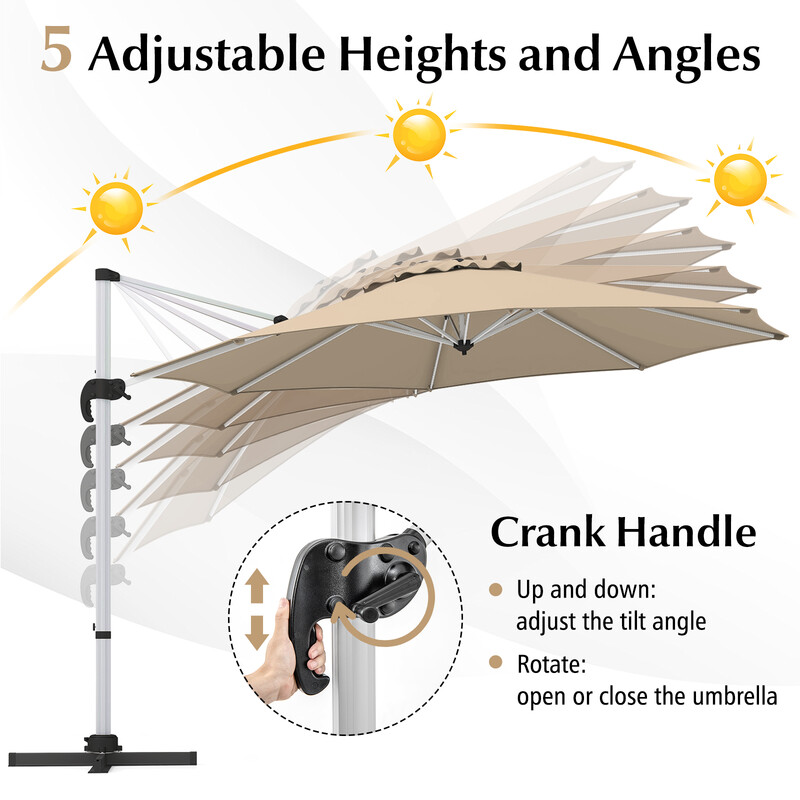 Beige parasoll 325 cm med vev, UPF 50+ och 360° roterbar för trädgård och uteplats