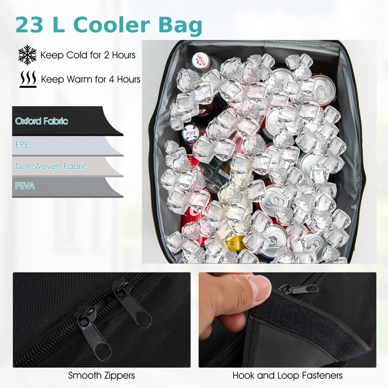 Hollywoodgunga med kylväska, 2-sits, justerbart tak, svart, 180 x 124 x 161,5 cm