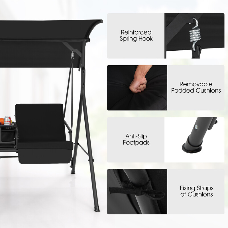 Hollywoodgunga med kylväska, 2-sits, justerbart tak, svart, 180 x 124 x 161,5 cm