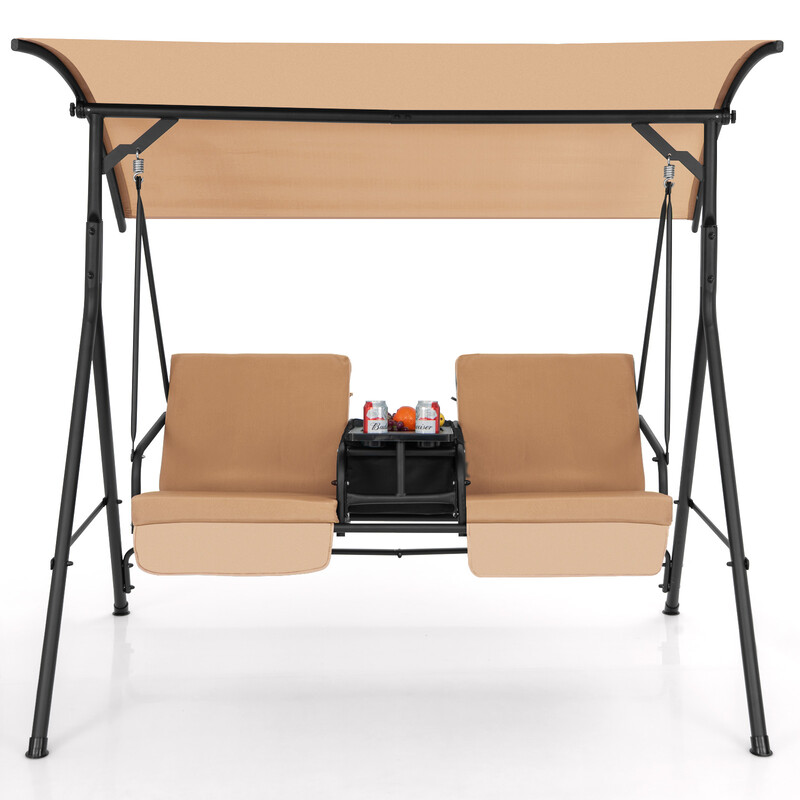 Gungsoffa med kylväska och justerbart soltak för två personer brun 180 x 124 x 161,5 cm