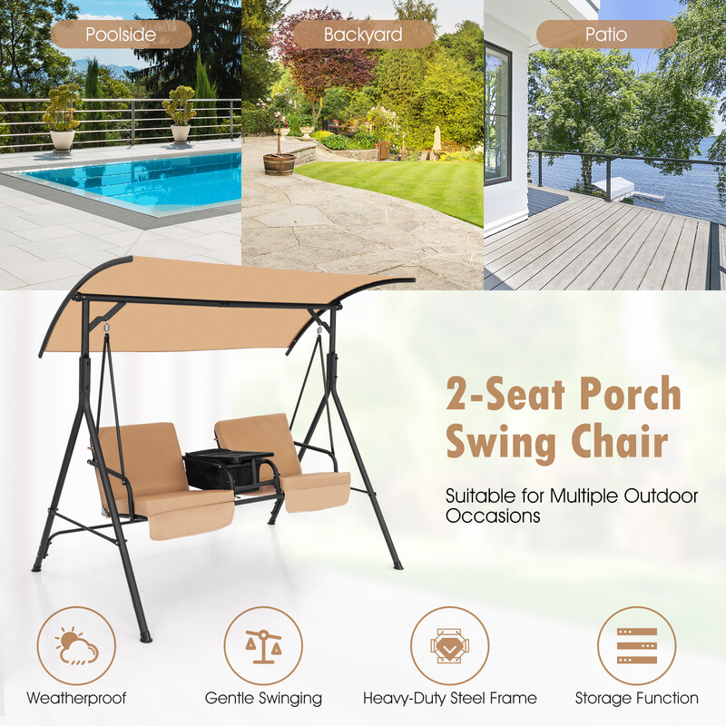 Gungsoffa med kylväska och justerbart soltak för två personer brun 180 x 124 x 161,5 cm