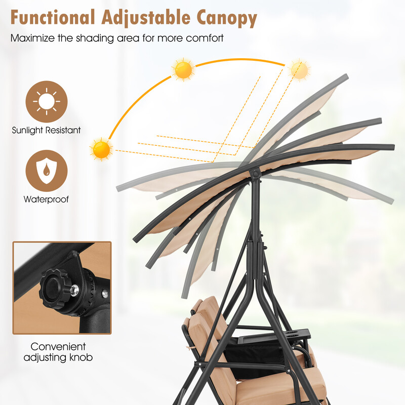 Gungsoffa med kylväska och justerbart soltak för två personer brun 180 x 124 x 161,5 cm