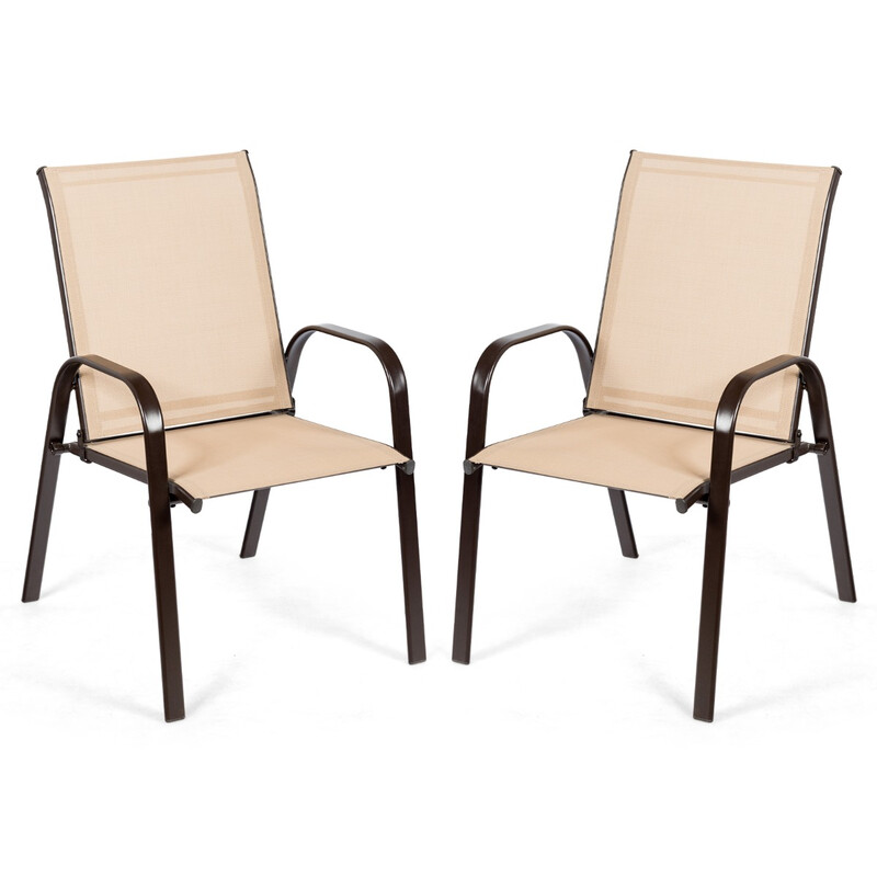 2-pack trädgårdsstolar med böjda armstöd och förstärkt metallram i beige för utomhusbruk