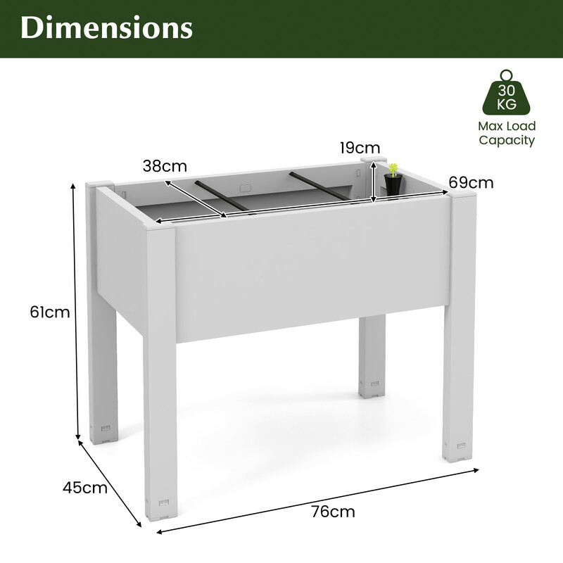 Självbevattnande odlingslåda i plast för trädgård och balkong, 53L, vit, 76x45x61 cm