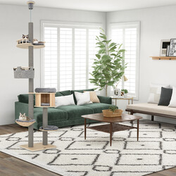 Justerbart golv-till-tak klätterträd för katter med koja och hängmatta