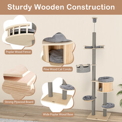 Justerbart golv-till-tak klätterträd för katter med koja och hängmatta