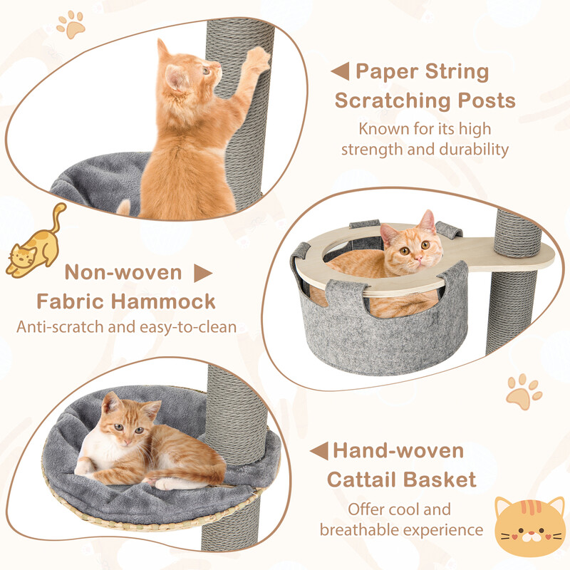 Justerbart golv-till-tak klätterträd för katter med koja och hängmatta