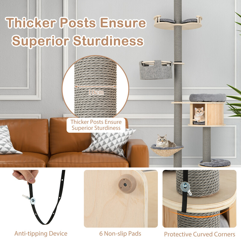 Justerbart golv-till-tak klätterträd för katter med koja och hängmatta