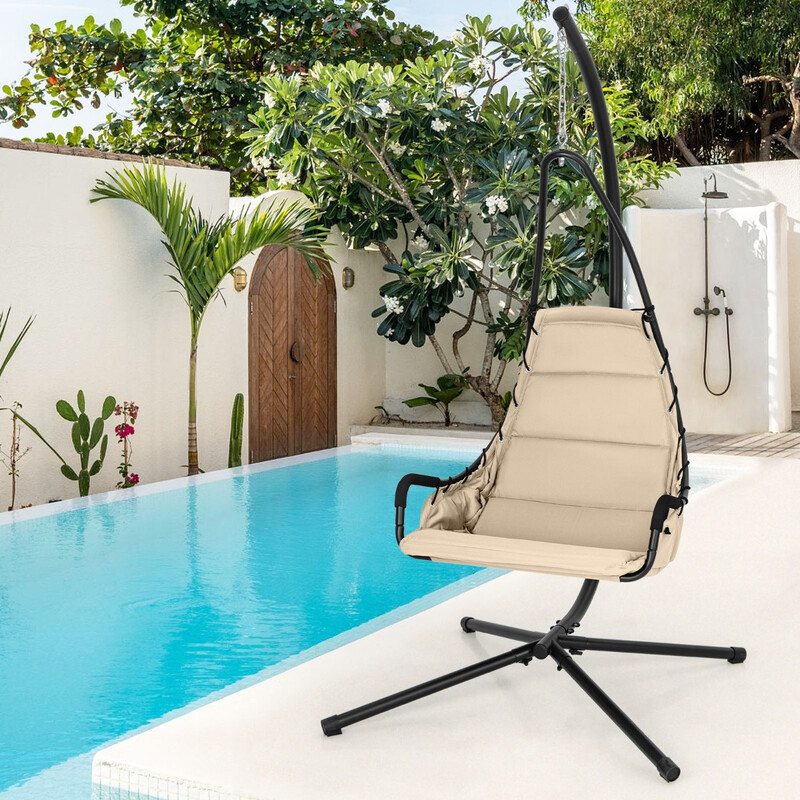 Hängfåtölj med ställning och extra stor vadderad sits i beige med robust metallram