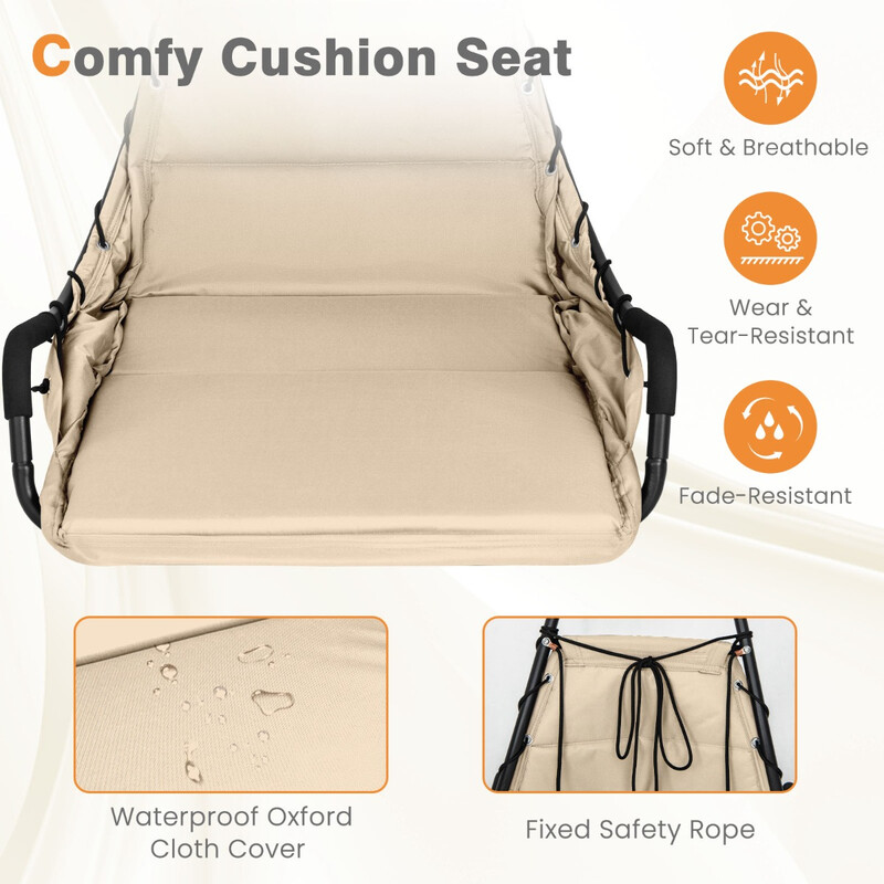 Hängfåtölj med ställning och extra stor vadderad sits i beige med robust metallram