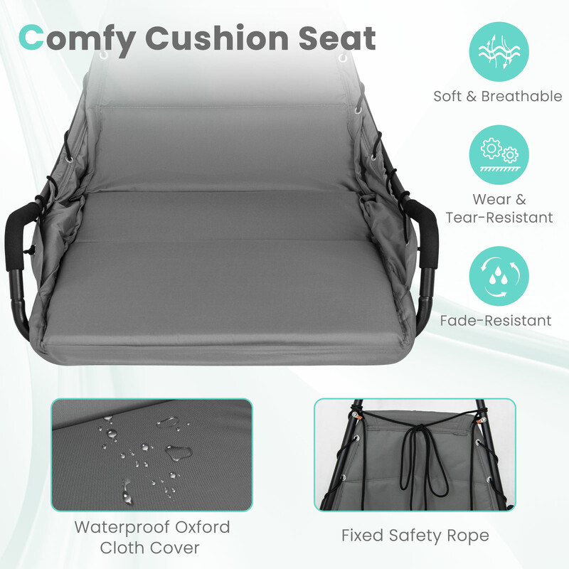 Hängfåtölj med ställning och extra stor vadderad sits i robust metallram, grå