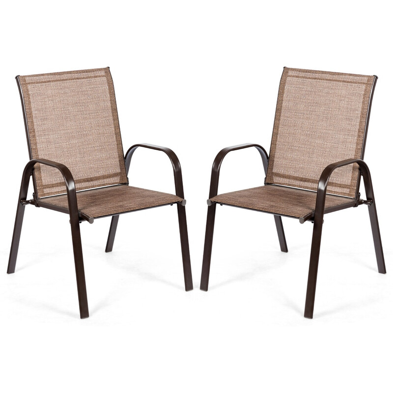 2-pack trädgårdsstolar med böjda armstöd och förstärkt metallram för utomhusbruk brun