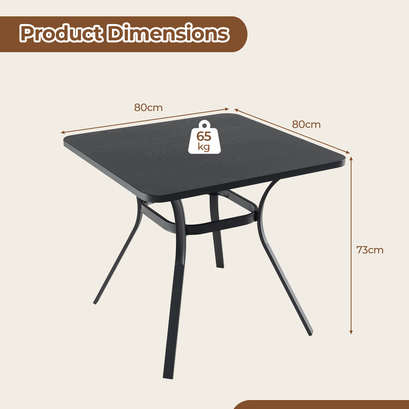 Kvadratiskt terrassbord i trälook för fyra personer, 80 x 80 cm, grå metall