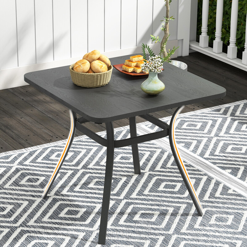 Kvadratiskt terrassbord i trälook för fyra personer, 80 x 80 cm, grå metall