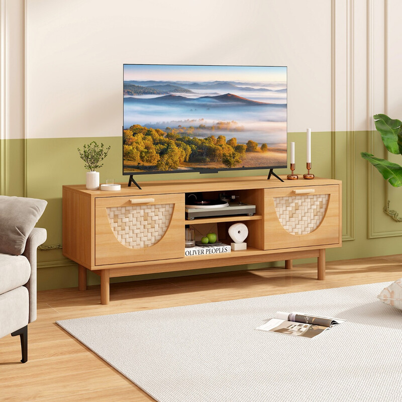 Tv-bänk med 2 lådor och öppna hyllor för tv upp till 55 tum