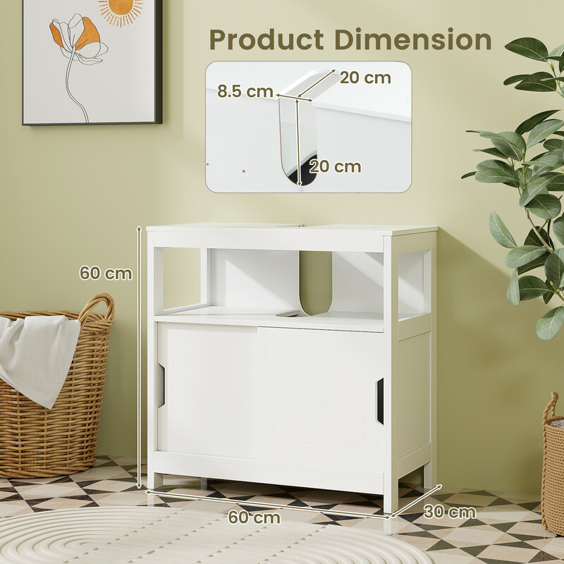 Handfatsskåp med skjutdörrar och u-formad design för badrum, vit MDF, 60x30x60 cm