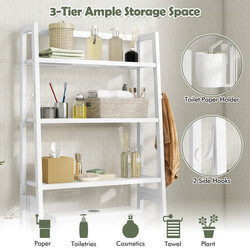Fristående toaletthylla med justerbara hyllor och krokar för badrumsförvaring, vit 65x28x159 cm