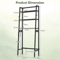 Fristående toalettförvaringshylla i svart metall med justerbara hyllor och extra förvaringskrokar
