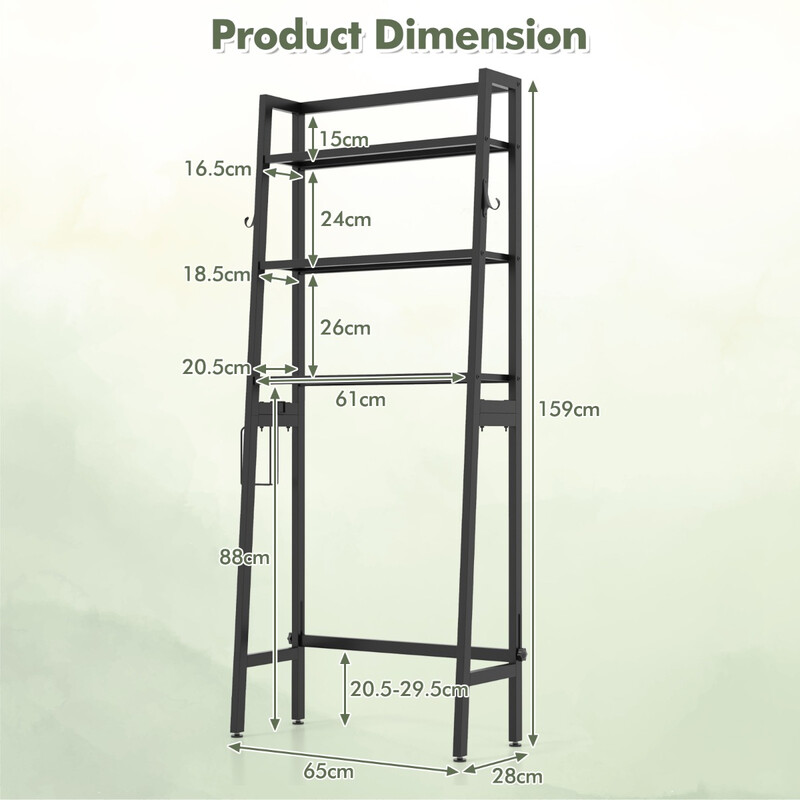 Fristående toalettförvaringshylla i svart metall med justerbara hyllor och extra förvaringskrokar