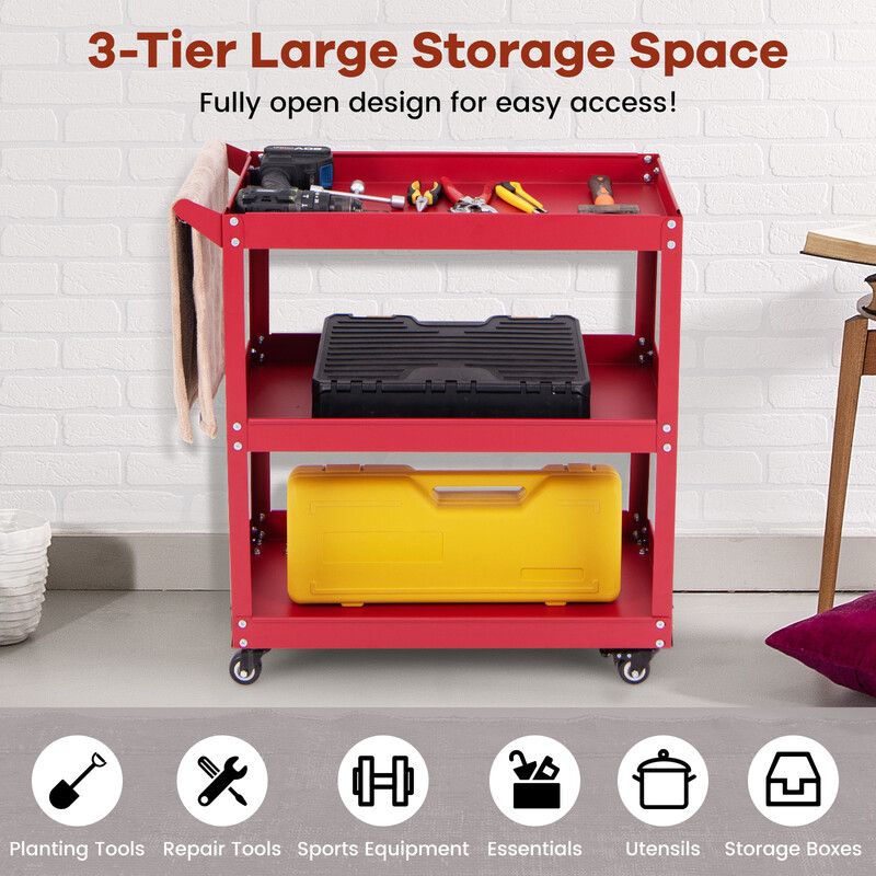 Verkstadsvagn med tre hyllor och fyra hjul för verktygsförvaring, röd, 73 x 36 x 75 cm