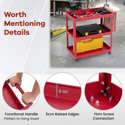 Verkstadsvagn med tre hyllor och fyra hjul för verktygsförvaring, röd, 73 x 36 x 75 cm