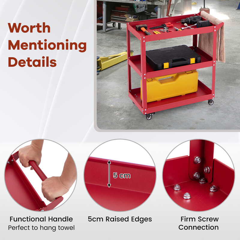 Verkstadsvagn med tre hyllor och fyra hjul för verktygsförvaring, röd, 73 x 36 x 75 cm