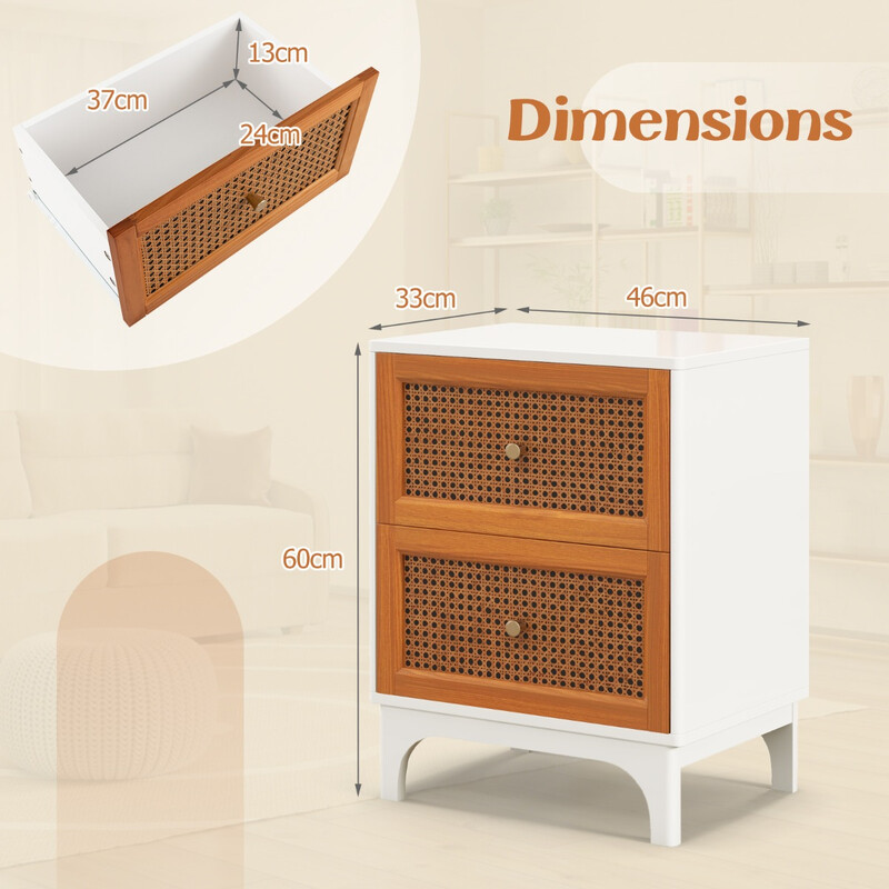 Sängbord i rotting med två lådor och massiva träben, vit och brun