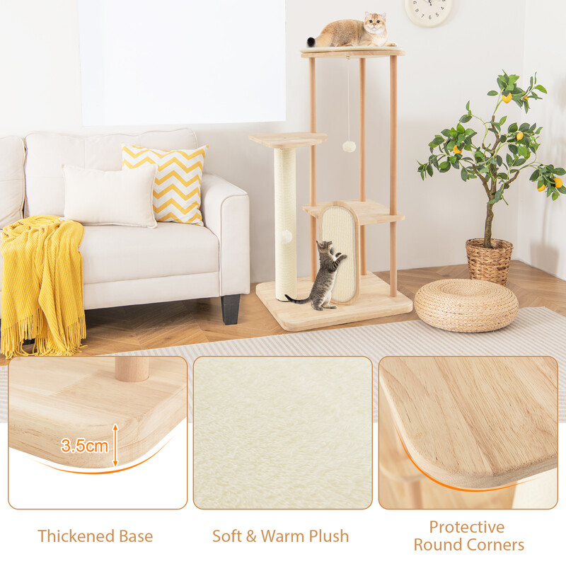 Klätterträd i trä med klösbräda och vadderad sittplats för katter, beige 59x47x112 cm