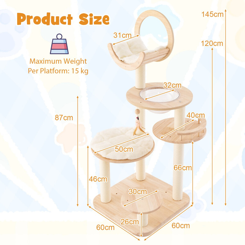 Klätterträd för katter i ek med plattformar och rymdkapsel, beige, 60 x 60 x 146 cm