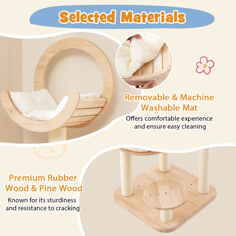 Klätterträd för katter i ek med plattformar och rymdkapsel, beige, 60 x 60 x 146 cm