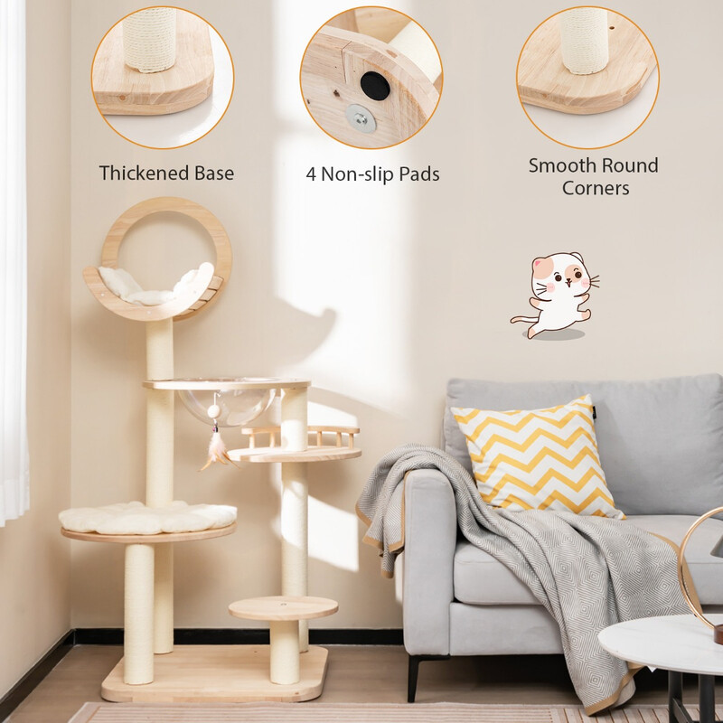 Klätterträd för katter i ek med plattformar och rymdkapsel, beige, 60 x 60 x 146 cm