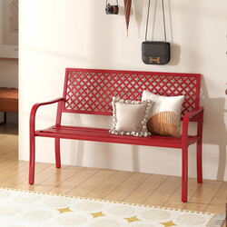 Röd metallträdgårdsbänk för 2-3 personer med ryggstöd och armstöd, väderbeständig design