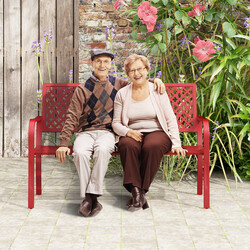 Röd metallträdgårdsbänk för 2-3 personer med ryggstöd och armstöd, väderbeständig design