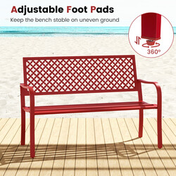 Röd metallträdgårdsbänk för 2-3 personer med ryggstöd och armstöd, väderbeständig design
