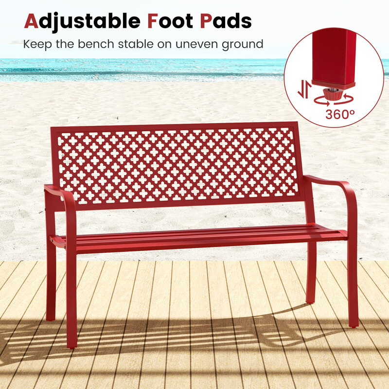Röd metallträdgårdsbänk för 2-3 personer med ryggstöd och armstöd, väderbeständig design