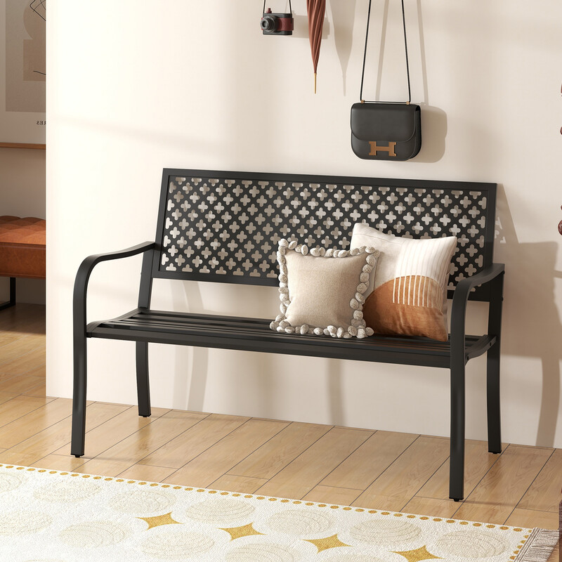 Trädgårdsbänk i metall för 2-3 personer med ryggstöd och armstöd, svart 127x62x86 cm