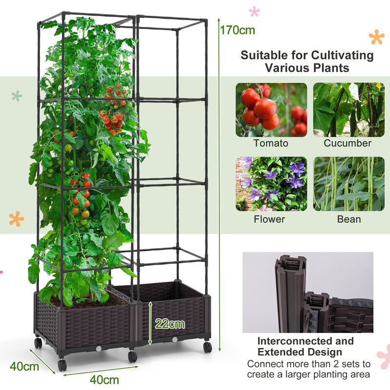 Odlingslåda med justerbart trädgårdsgaller och hjul för klätterväxter och grönsaker 40x40x170 cm