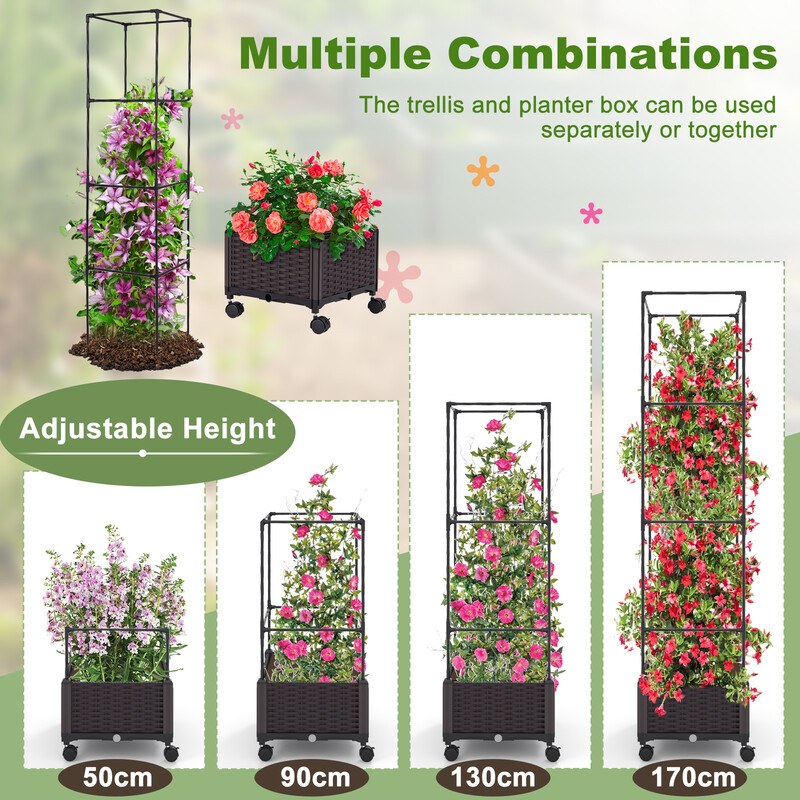 Odlingslåda med justerbart trädgårdsgaller och hjul för klätterväxter och grönsaker 40x40x170 cm