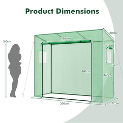 Växthus med rullbar dörr och nätfönster, 200 x 77 x 169 cm, grön
