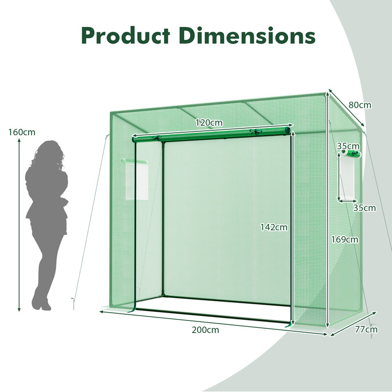 Växthus med rullbar dörr och nätfönster, 200 x 77 x 169 cm, grön