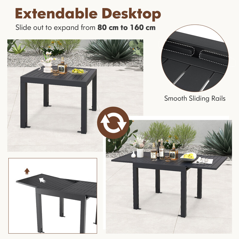 Utdragbart matbord i aluminium för utomhusbruk, mörkgrå, 80/160 x 80 cm, väderbeständigt