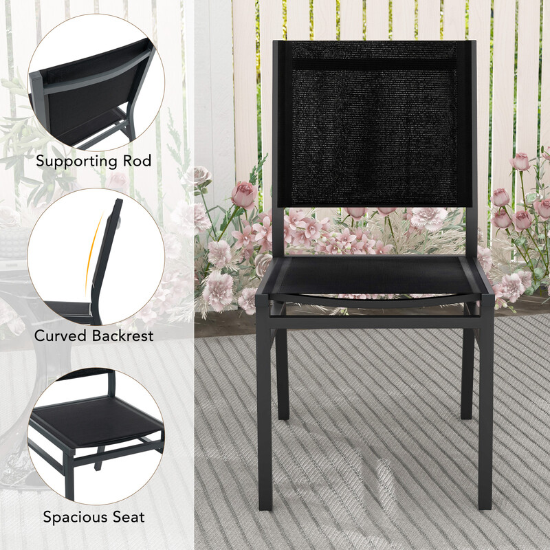 Svart aluminiumstol för trädgård och terrass med andningsbart tyg och ergonomiskt ryggstöd