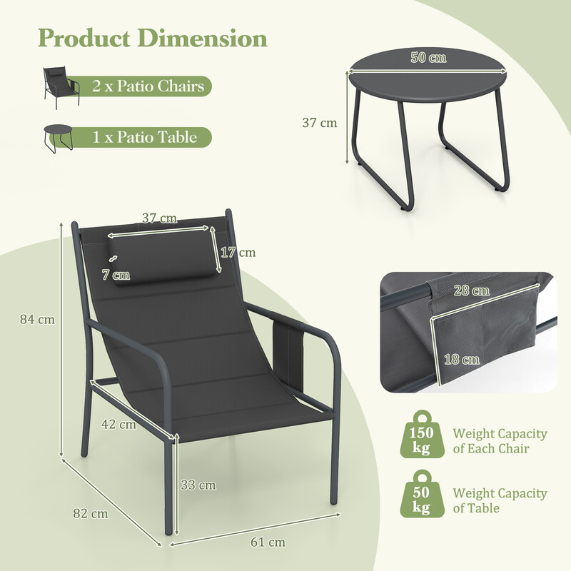 Elegant och bekvämt balkongmöbelset med 2 stolar och bord i grått, ergonomisk design