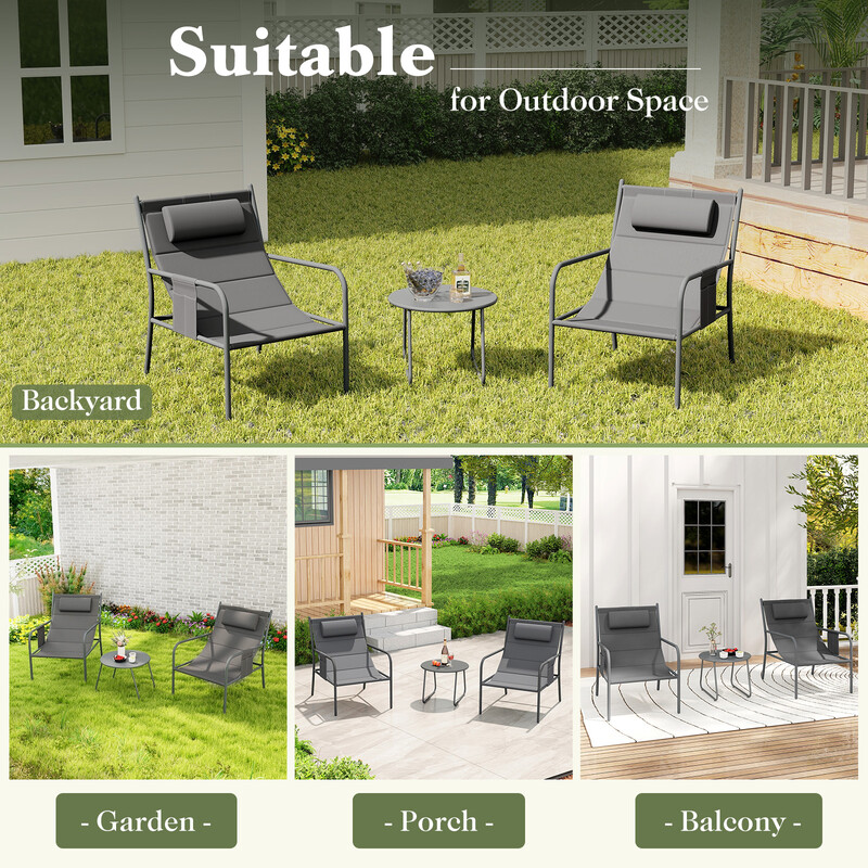 Elegant och bekvämt balkongmöbelset med 2 stolar och bord i grått, ergonomisk design