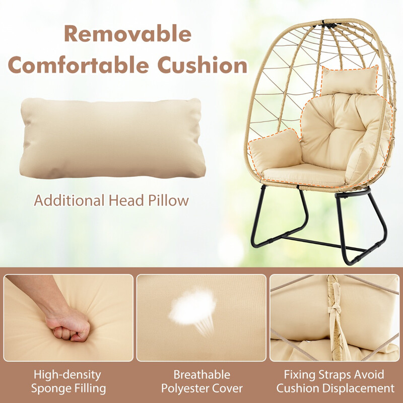 Rattan fåtölj med avtagbar kudde och metallram för inomhus och utomhus bruk beige