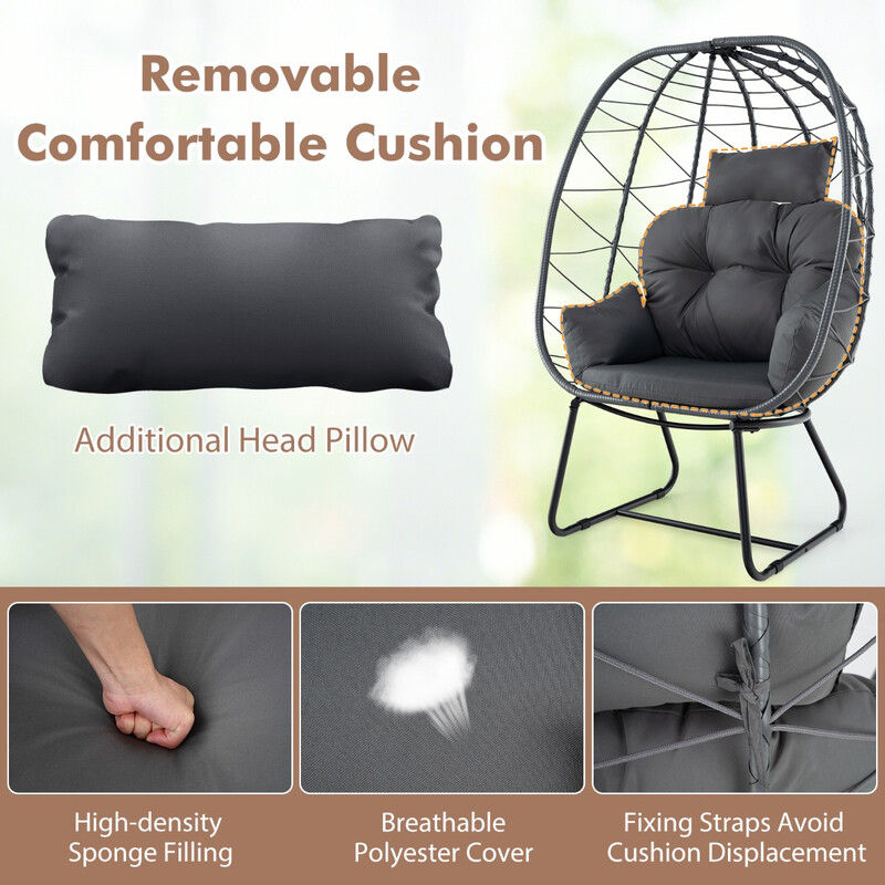 Rottingsfåtölj med avtagbar kudde och metallram, överdimensionerad loungesoffa i grått