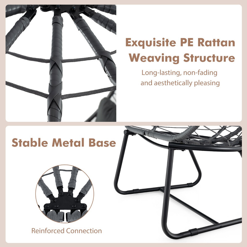 Rottingsfåtölj med avtagbar kudde och metallram, överdimensionerad loungesoffa i grått